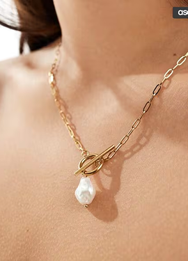 Gold Toggle Pearl Drop Chain Necklace