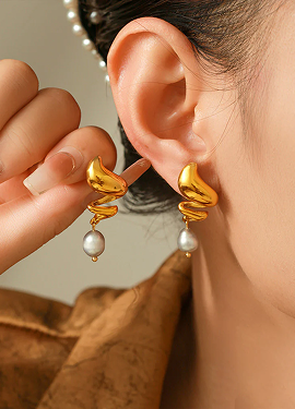 Statement Sculpted Gold Pearl Drop Earrings
